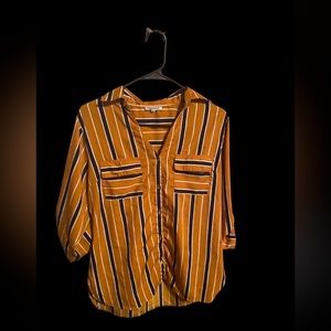XL mustard colored shirt with, navy blue and white stripes on it